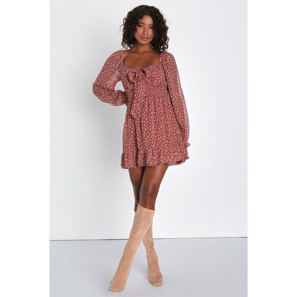 Lulus Ultimate Darling Mauve Floral Print Ruffled Tie-front Dress Pink - Size XL
